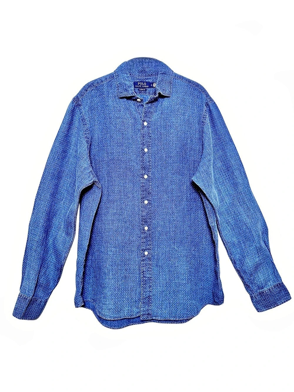 Polo R Lauren Classic Fit Linen Pin Dot Shirt Blue Large Like New
